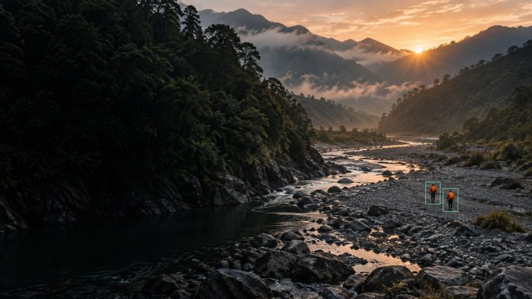 匿名河谷中的人物與辨識框，AI 生成情境示意，非真實救援或辨識成效