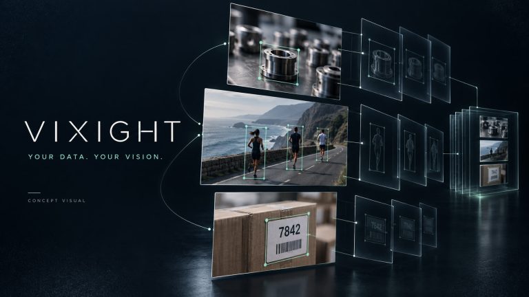 Vixight 品牌概念圖：工業零件、跑者與包裹標籤影像，以標註框連結成資料版本。