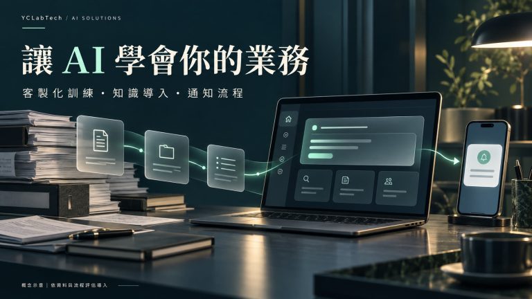 深綠色企業 AI 概念圖，文件經由智慧工作台連接至手機通知；文字為讓 AI 學會你的業務。